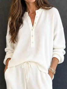Selene Waffle Knit Henley Top and Wide Leg Pants Set — thumbnail 2