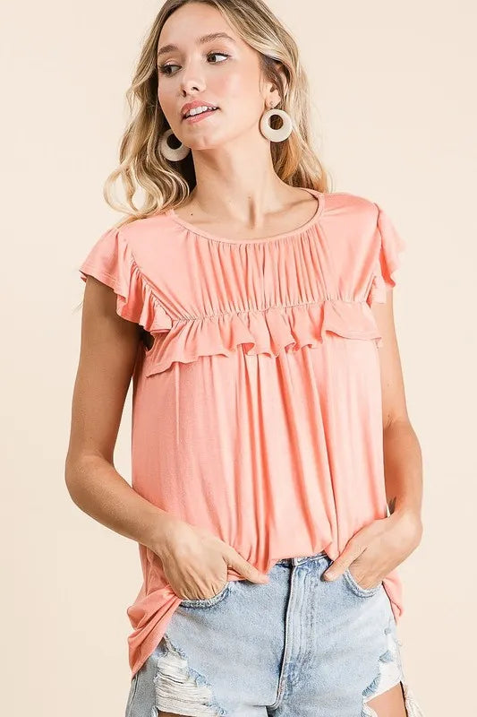 Pele Jersey Knit Gathered Top with Ruffles — view 7