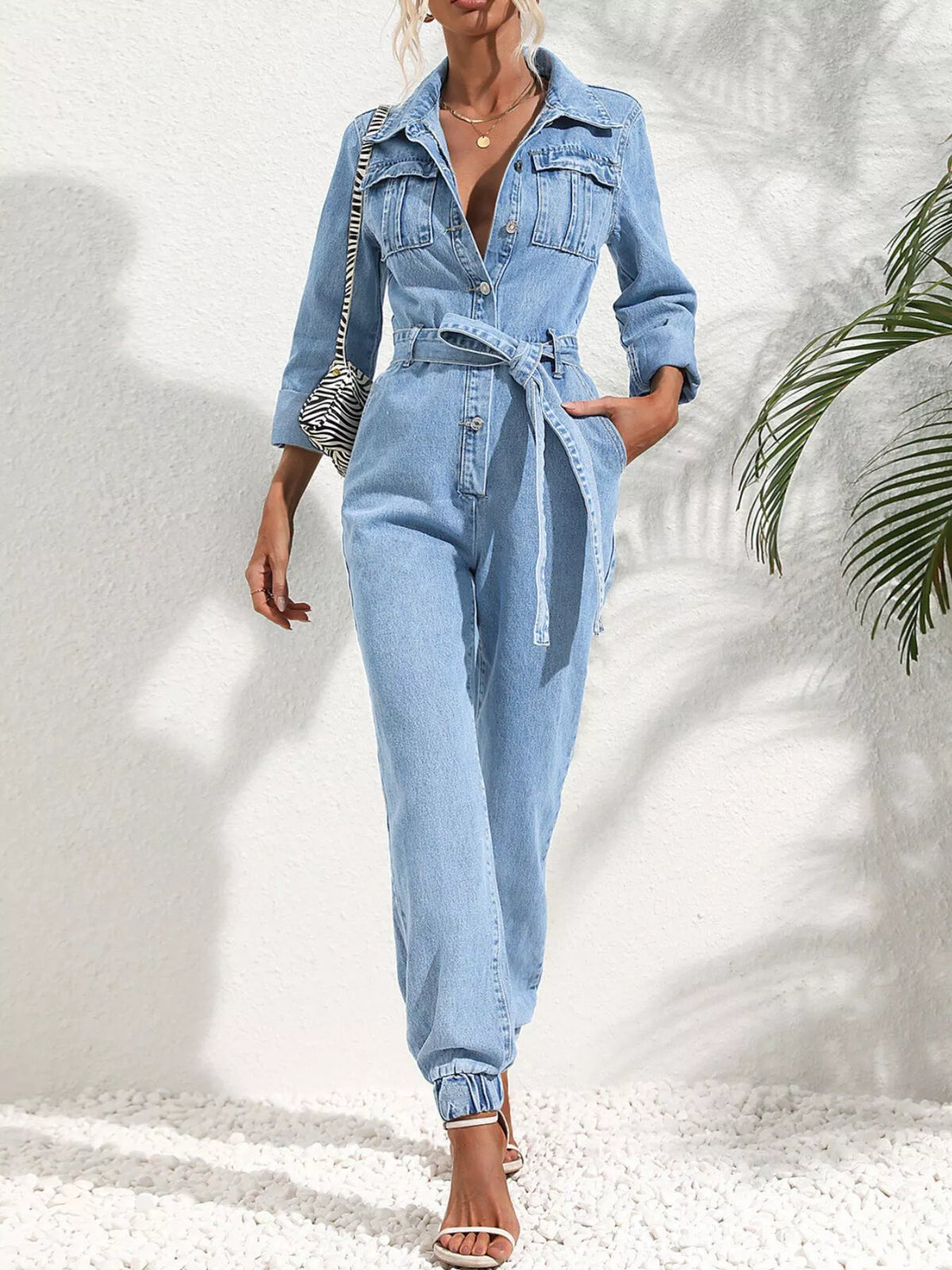 Hera Button Front Belt Denim Jumpsuit — view 4