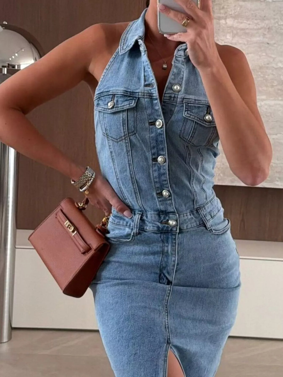 Artemis Slit Backless Halter Neck Button-Down Denim Midi Dress — view 2