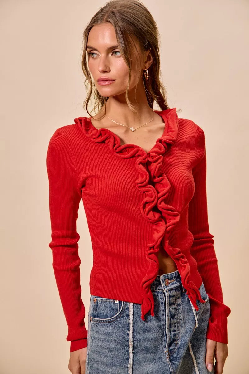 Pele Cascade Ruffle Ribbed Sweater Cardgian — view 6