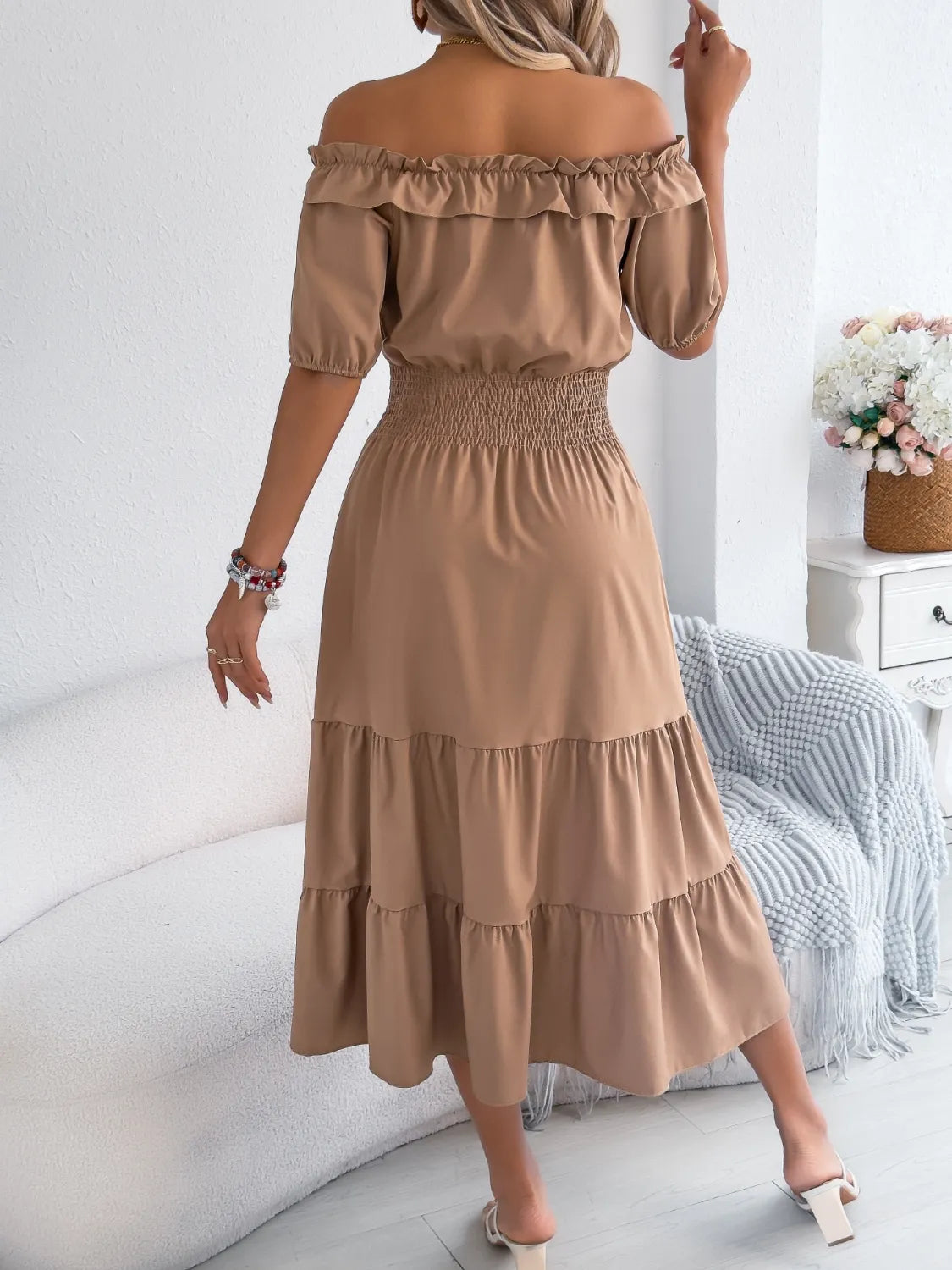 Venus Smocked Off-Shoulder Tiered Dress — view 15