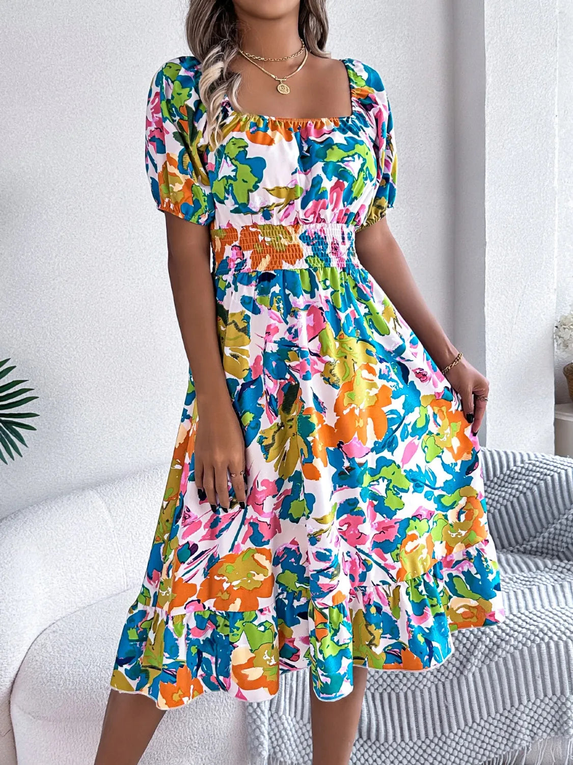 Venus Ruffled Hem Smocked Floral Short Sleeve Midi Dress — view 7