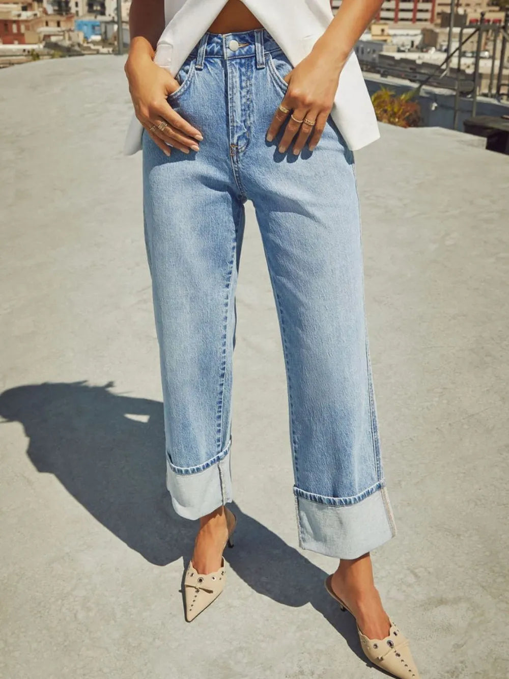 Eos High Waisted Straight Leg Rolled Jeans — view 14
