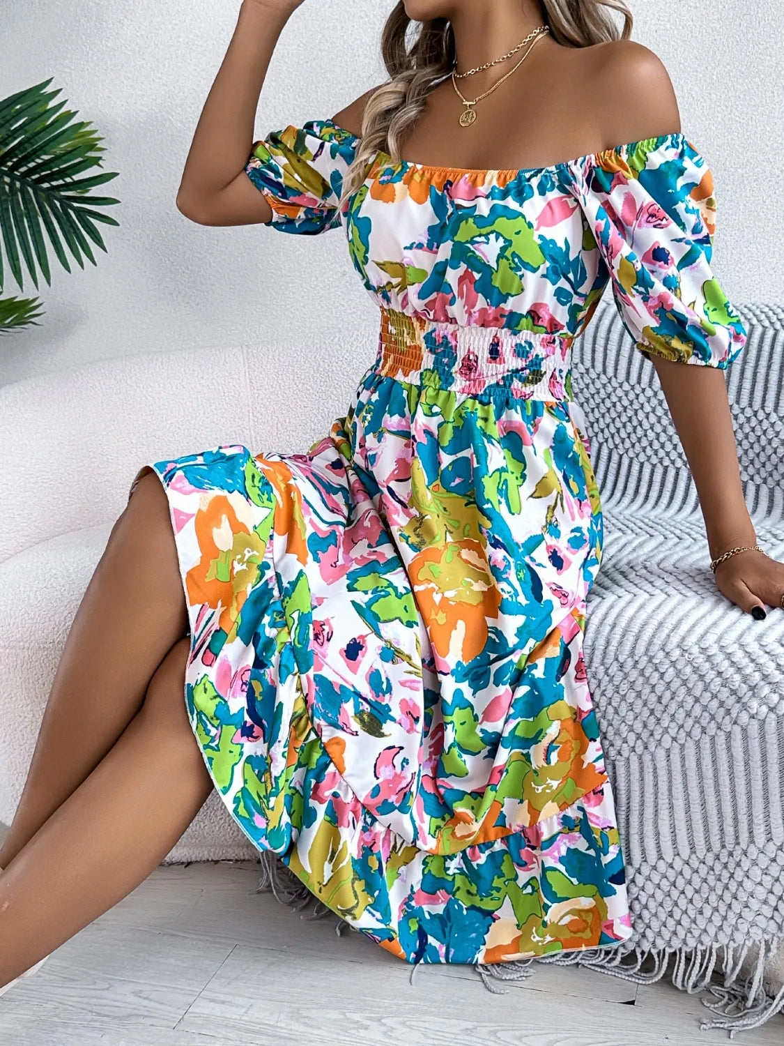 Venus Ruffled Hem Smocked Floral Short Sleeve Midi Dress — view 6