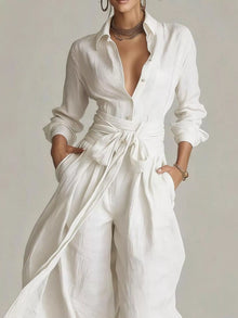 Hera Long-Sleeve Button-Down Waist-Tie Jumpsuit — thumbnail 11