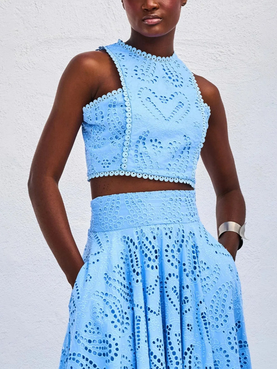 Aphrodite Eyelet Lace Top and Maxi Skirt Set styled in the studio