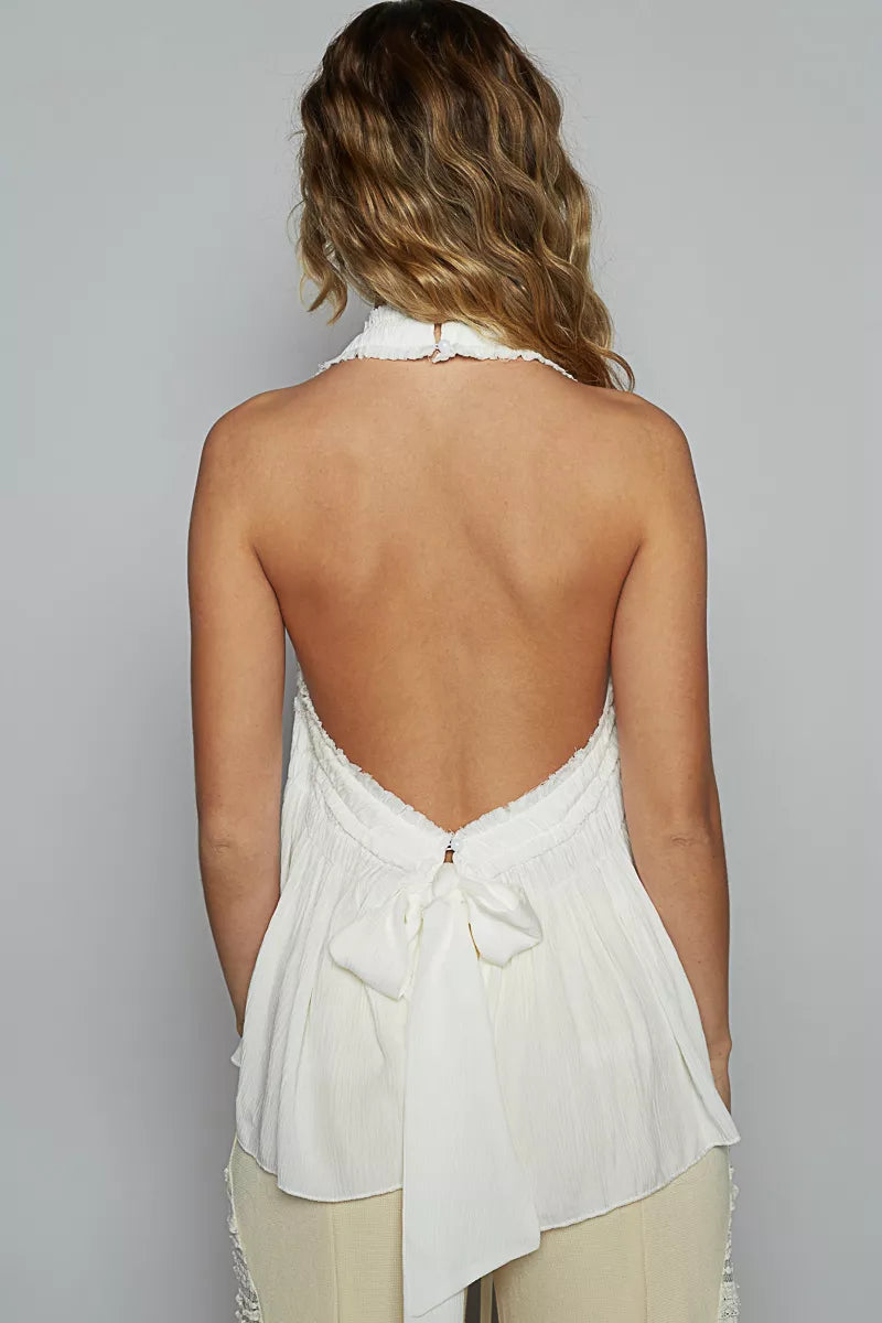 Amaterasu Backless Halter Sleeveless Top with Smocking Shirring Detail — view 2