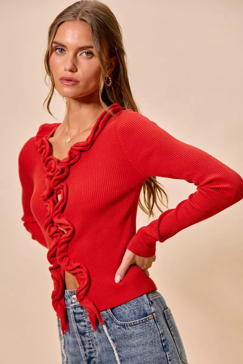 Pele Cascade Ruffle Ribbed Sweater Cardgian — view 4