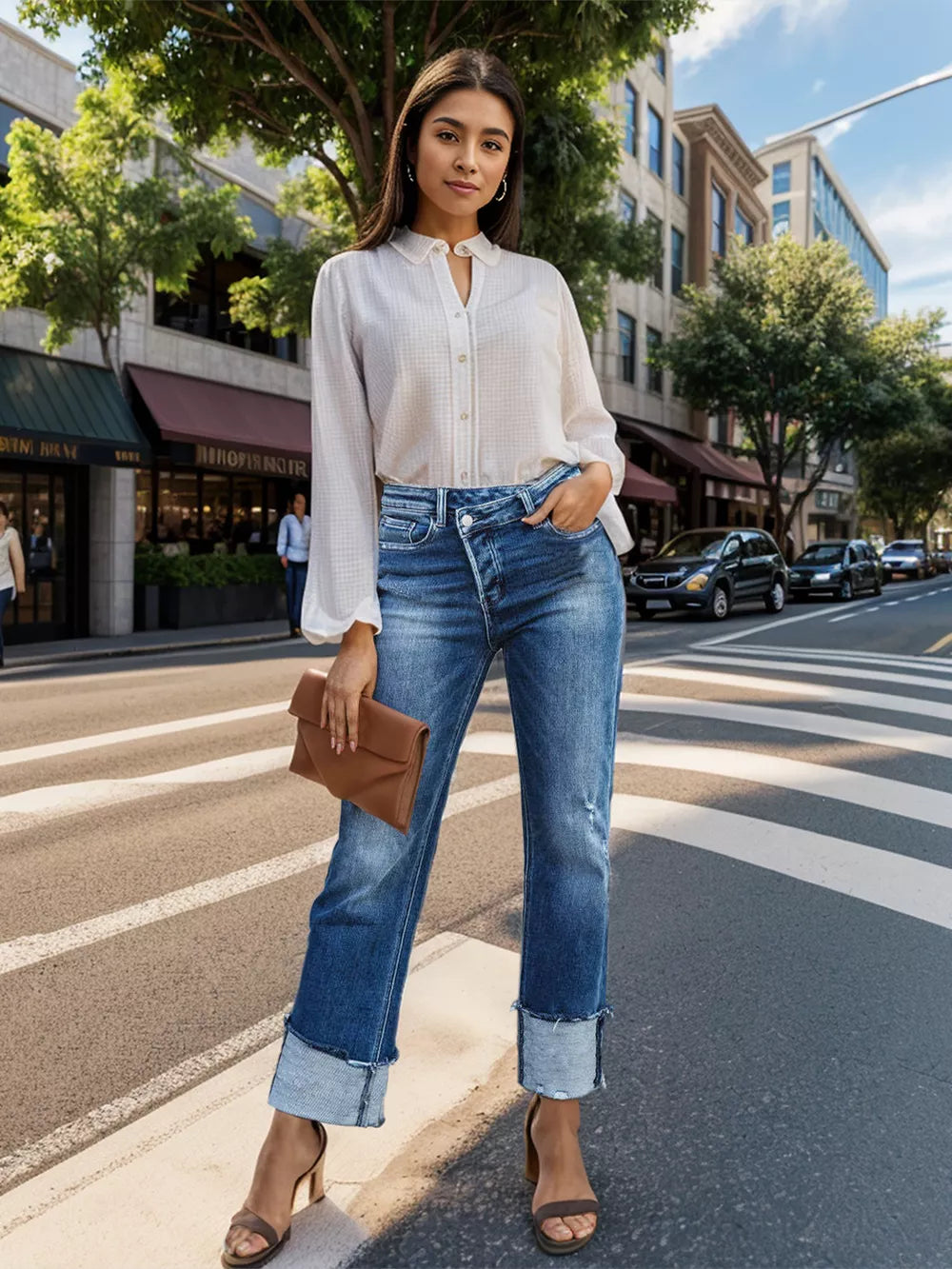 Artemis Stepped Waist Raw Hem Rolled Straight Jeans — view 2