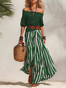 Isis Off Shoulder Top and Striped Maxi Skirt Set with Belt — thumbnail 5