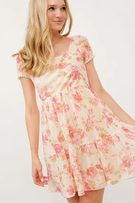 Olwen Square Neck Tiered Floral Fishnet Dress — view 1