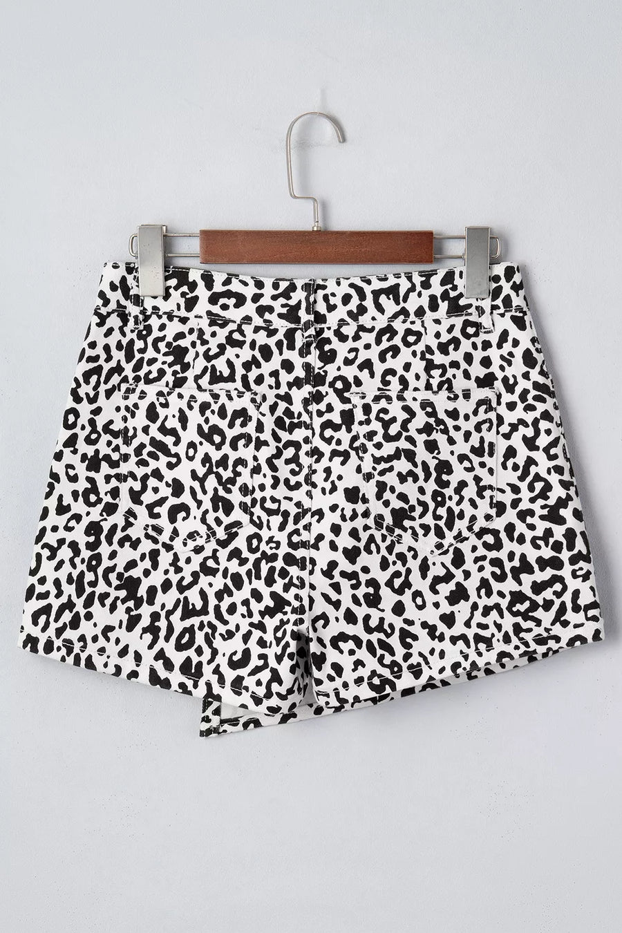 Freya Leopard Print Button Overlap Denim Shorts styled in the studio