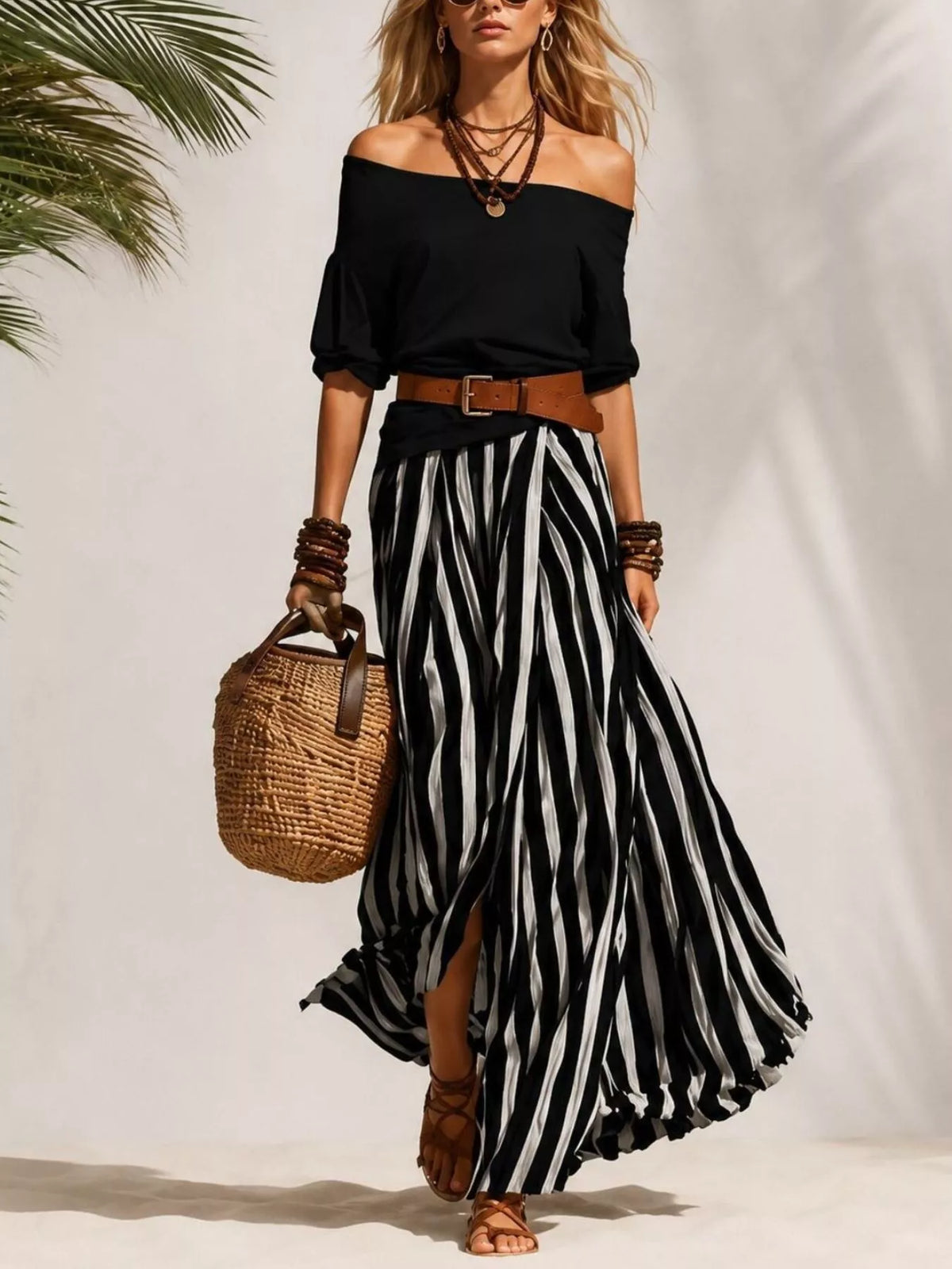 Isis Off Shoulder Top and Striped Maxi Skirt Set with Belt — view 4