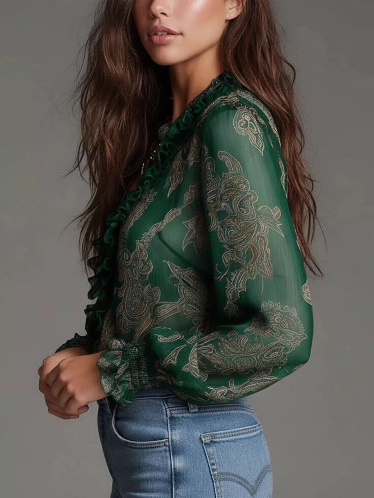 Rhiannon Paisley Print Ruffle Trim Zip-Front Blouse — view 13