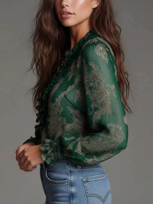 Rhiannon Paisley Print Ruffle Trim Zip-Front Blouse — thumbnail 13