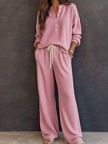 Selene Waffle Knit Henley Top and Wide Leg Pants Set — thumbnail 4