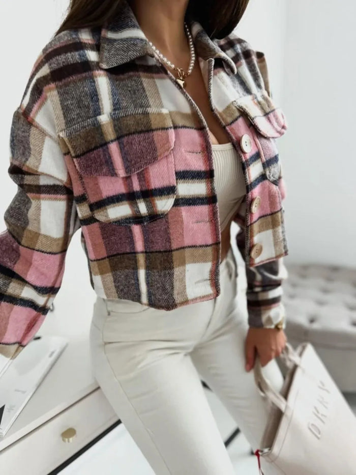Durga Pocketed Collared Neck Long Sleeve Plaid Jacket