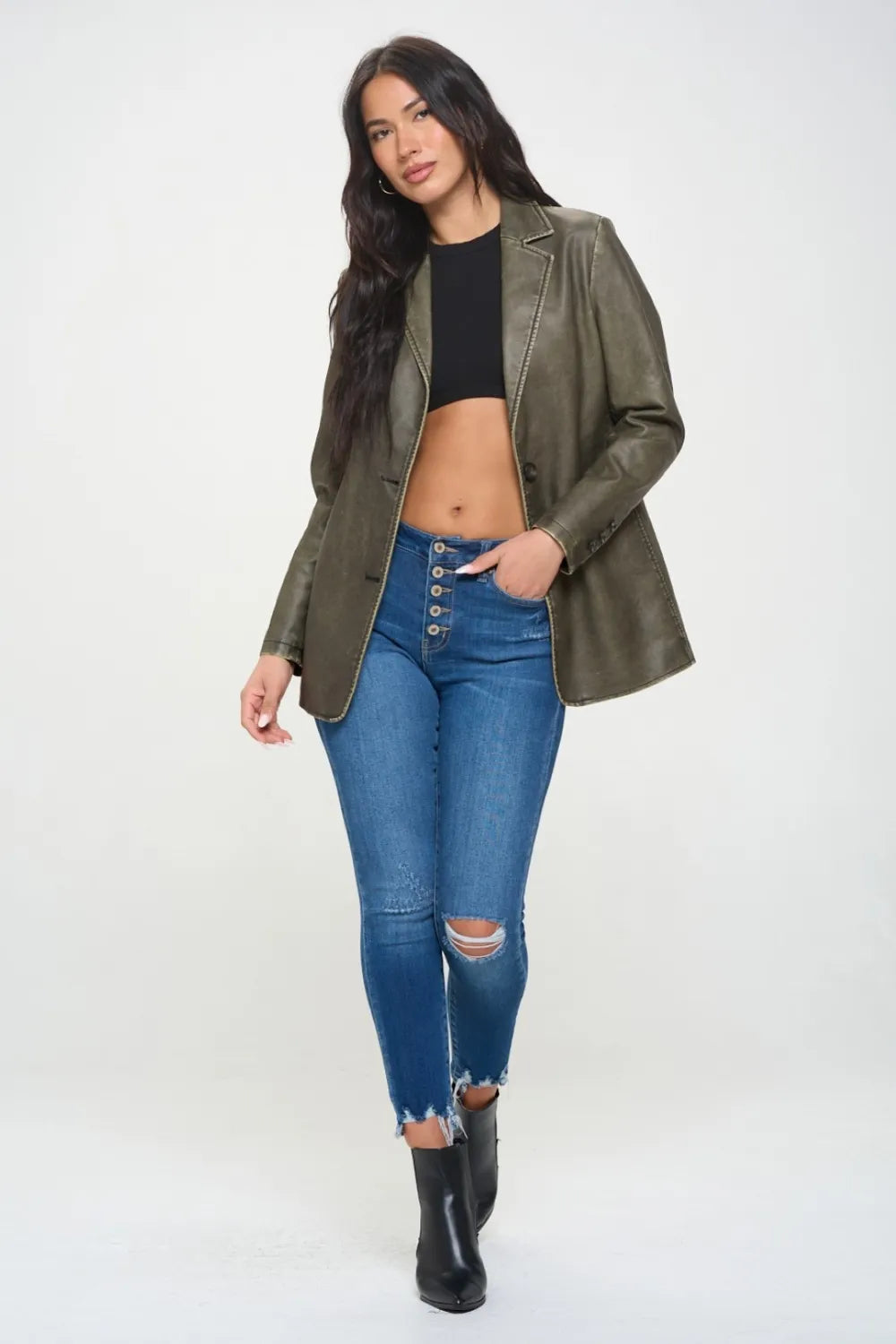Athena Single-Breasted Vegan Leather Blazer — view 4