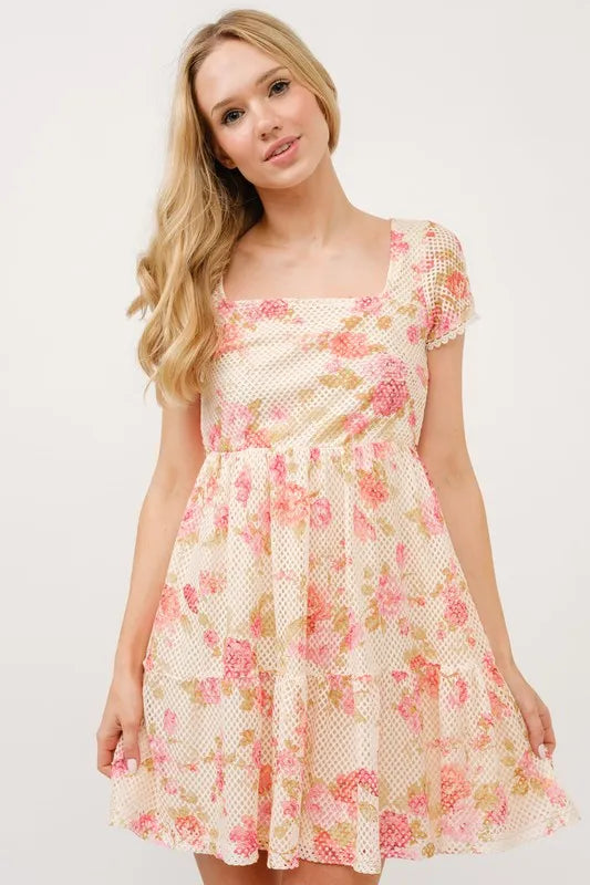 Olwen Square Neck Tiered Floral Fishnet Dress — view 5