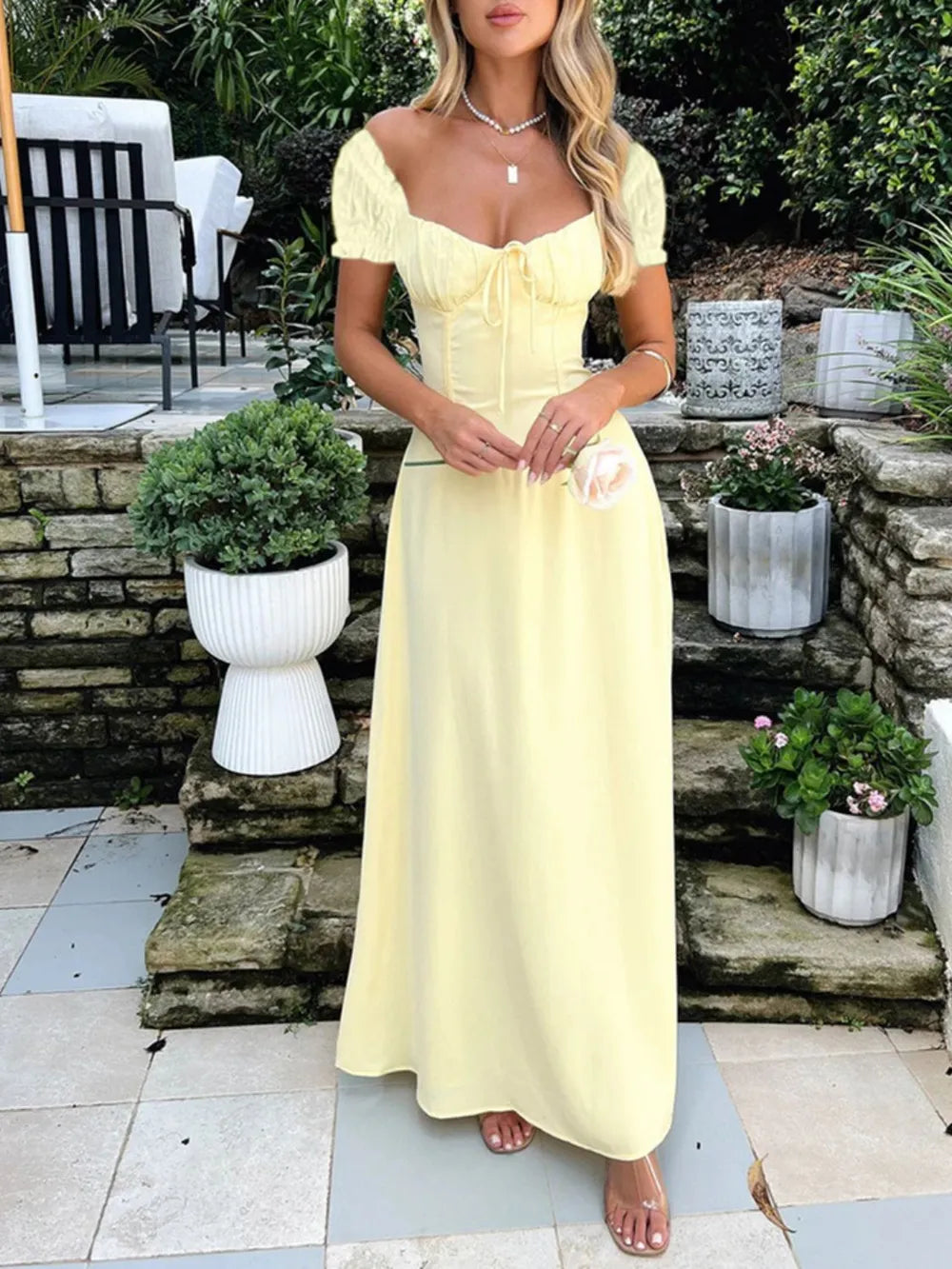 Oshun Sweetheart Neck Short Sleeve Maxi Dress — view 5