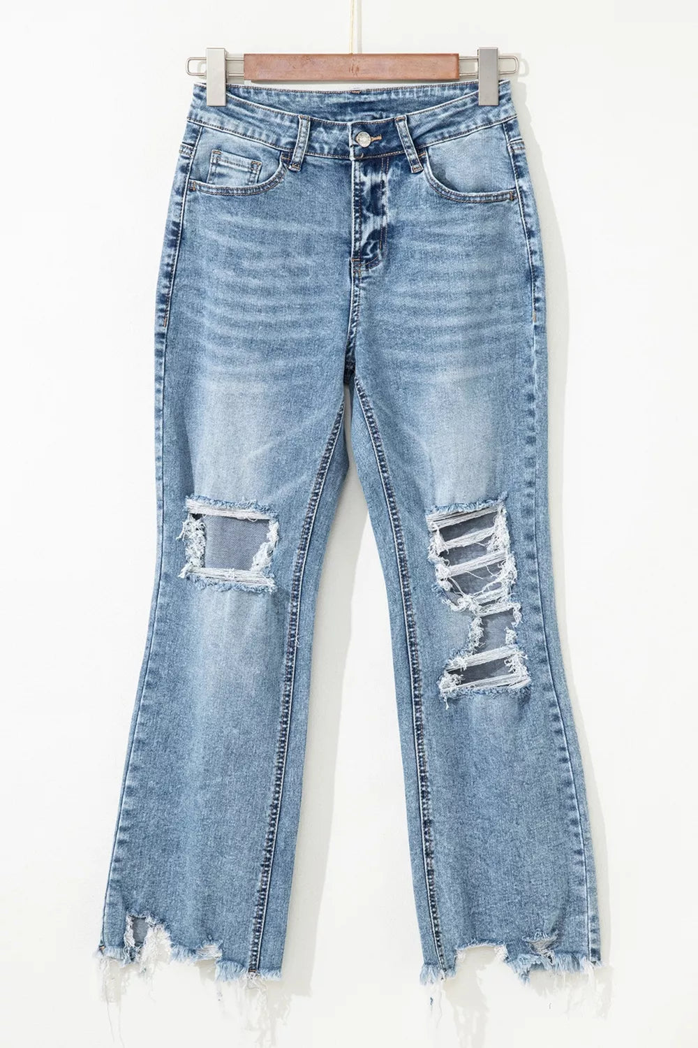 Artemis Raw Hem Ripped Open Knee Fit Flare Jeans — view 3
