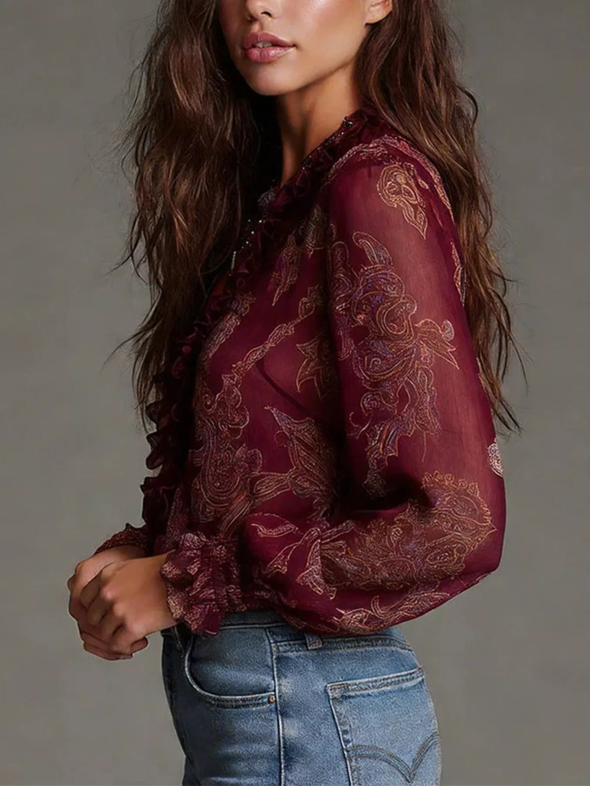 Rhiannon Paisley Print Ruffle Trim Zip-Front Blouse — view 7