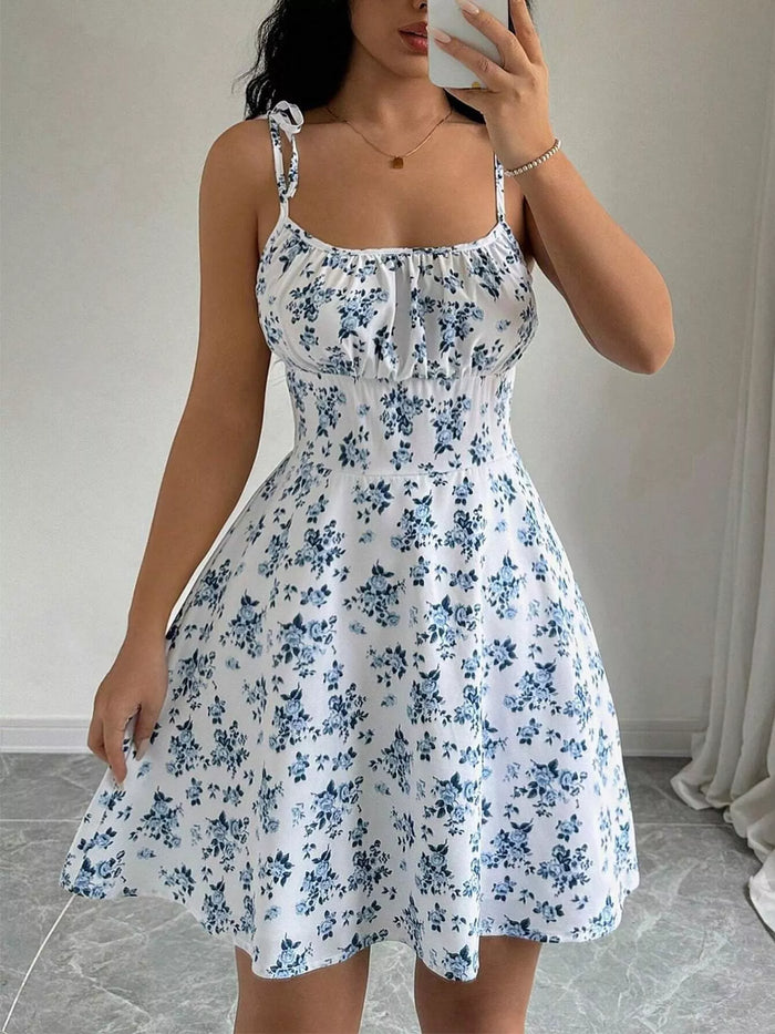 Olwen Floral Print Spaghetti Strap A-Line Mini Dress