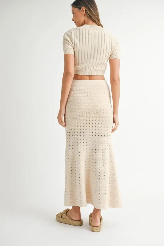 Vesta Pointelle Short Sleeve Crop Top and Slit Skirt Sweater Set — view 5