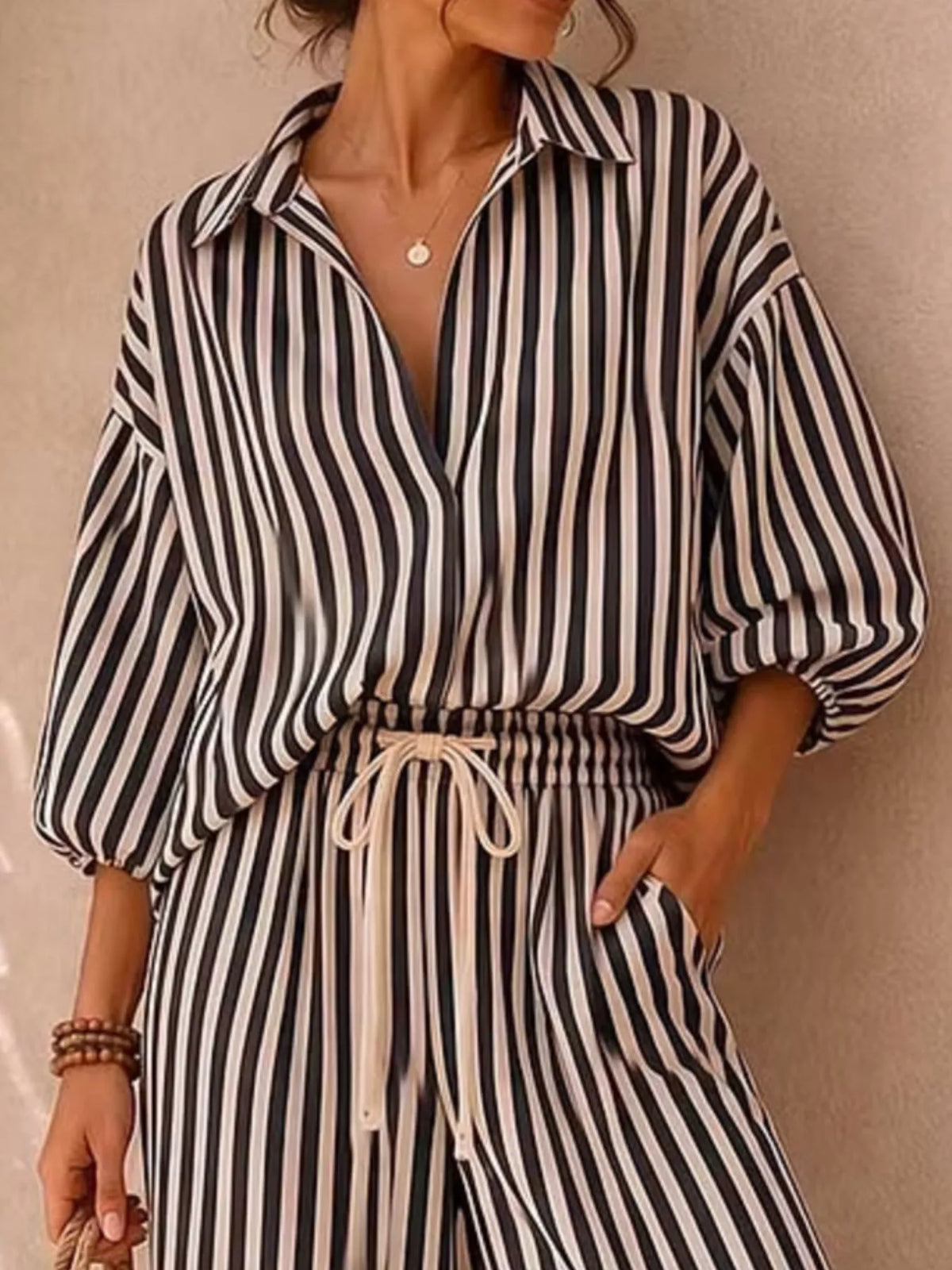 Gaia Striped Puff Sleeve Shirt and Wide-Leg Drawstring Pants Set — view 5