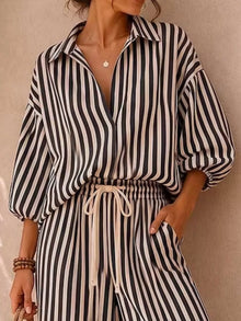 Gaia Striped Puff Sleeve Shirt and Wide-Leg Drawstring Pants Set — thumbnail 5