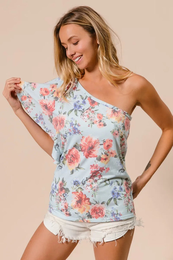 Olwen Floral Printed Jersey Knit Ruffle Sleeve Top