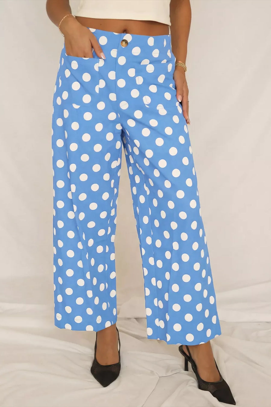 Iris Polka Dot Print Patched Pocket Mid-rise Straight Leg Pants styled in the studio