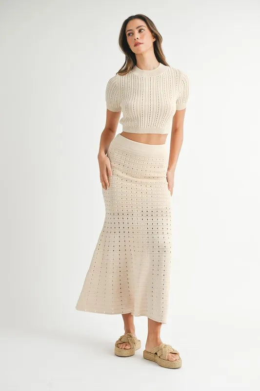 Vesta Pointelle Short Sleeve Crop Top and Slit Skirt Sweater Set — view 2