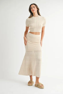Vesta Pointelle Short Sleeve Crop Top and Slit Skirt Sweater Set — thumbnail 2