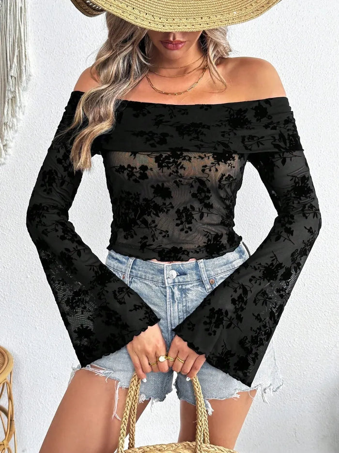 Nyx Off-Shoulder Flare Sleeve Lace Top