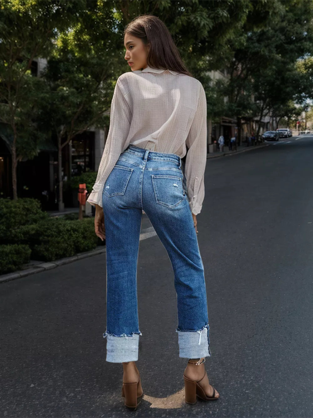 Artemis Stepped Waist Raw Hem Rolled Straight Jeans — view 3