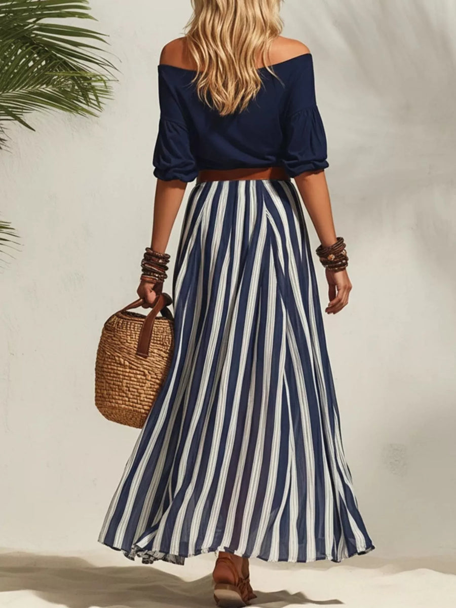 Isis Off Shoulder Top and Striped Maxi Skirt Set with Belt styled in the studio