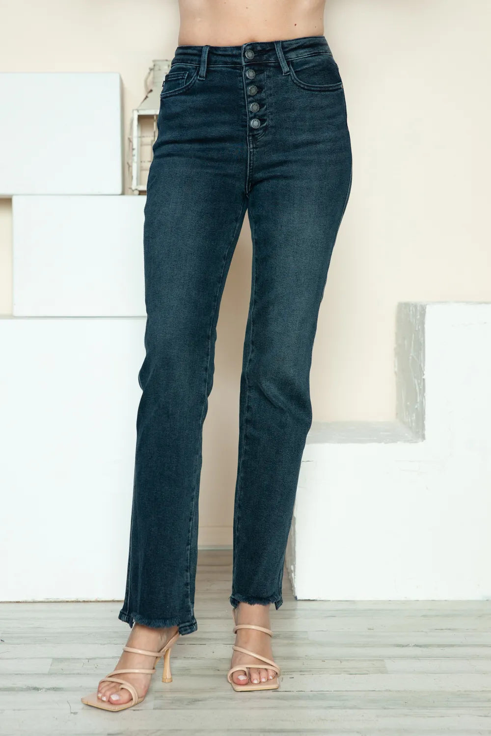 Vesta Button Fly Hem Destroy Straight Jeans — view 3