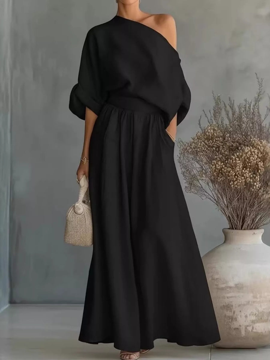 Maat One Shoulder Top and Wide Leg Pants Set styled in the studio