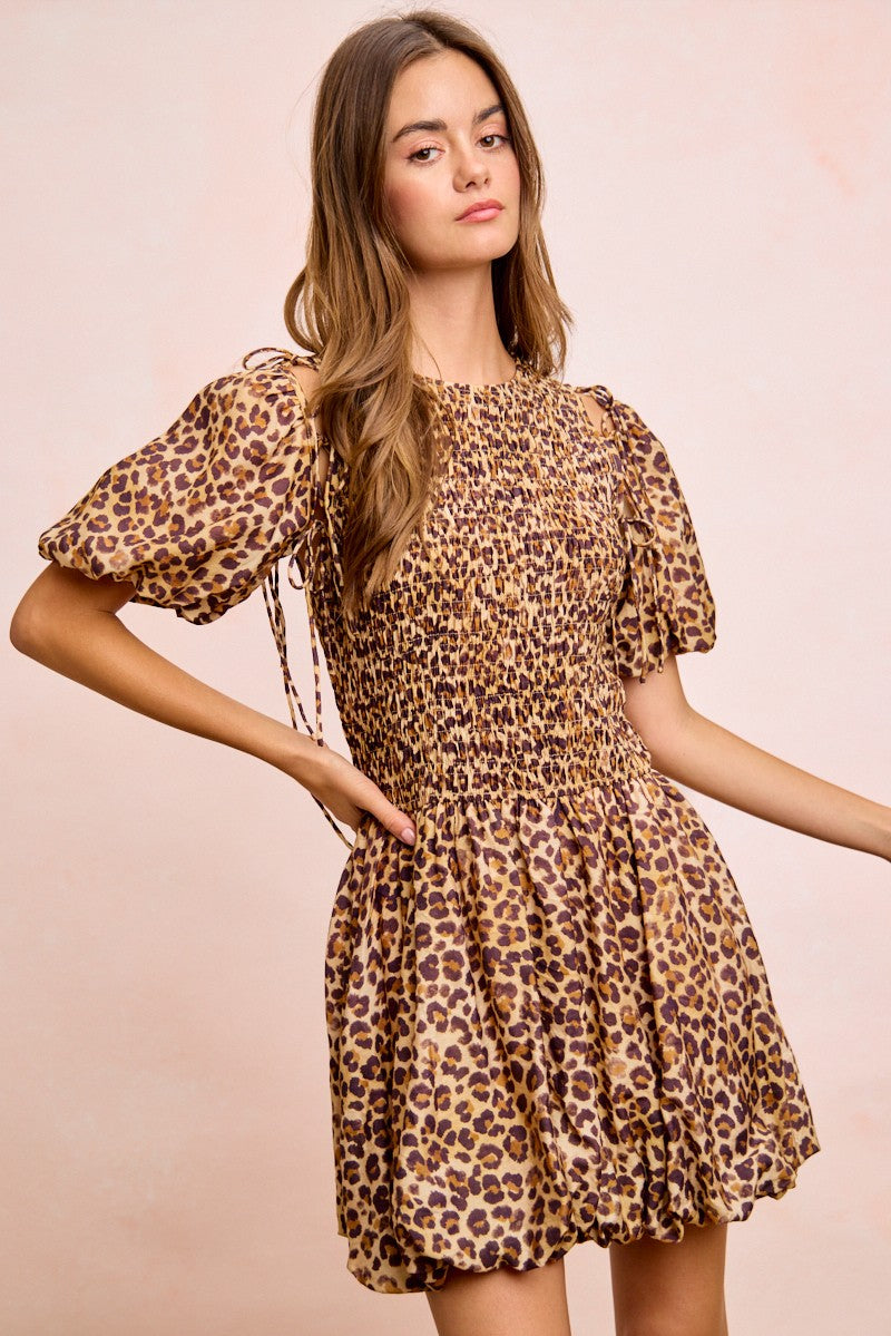 Fortuna Leopard Bow Tie Attachable Puff Sleeves Dress — view 8