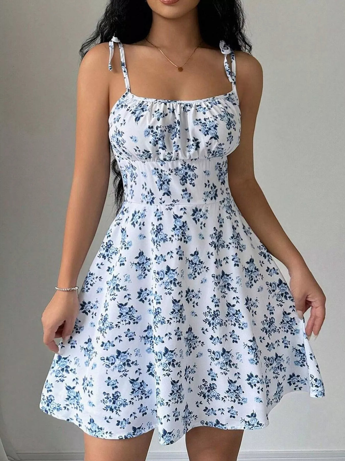 Olwen Floral Print Spaghetti Strap A-Line Mini Dress — view 2