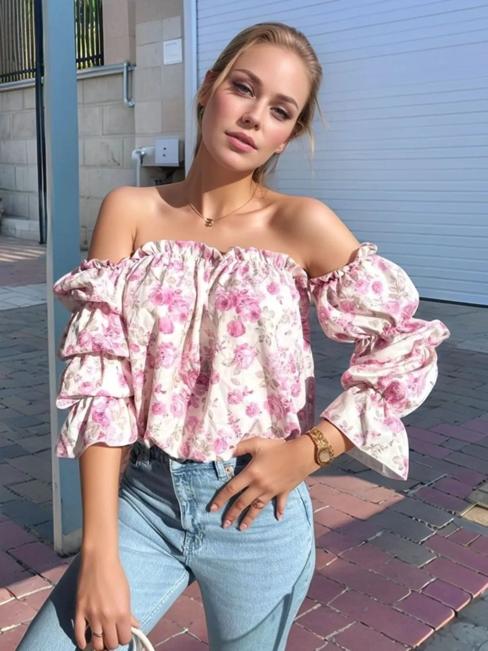 Hathor Printed Off-Shoulder Flounce Sleeve Blouse — view 5
