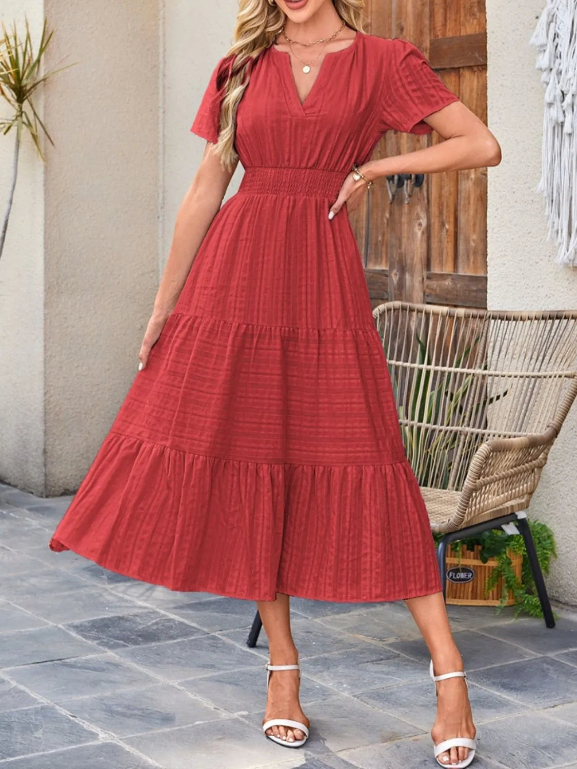 Sekhmet Tiered Notched Short Sleeve Dress — view 17