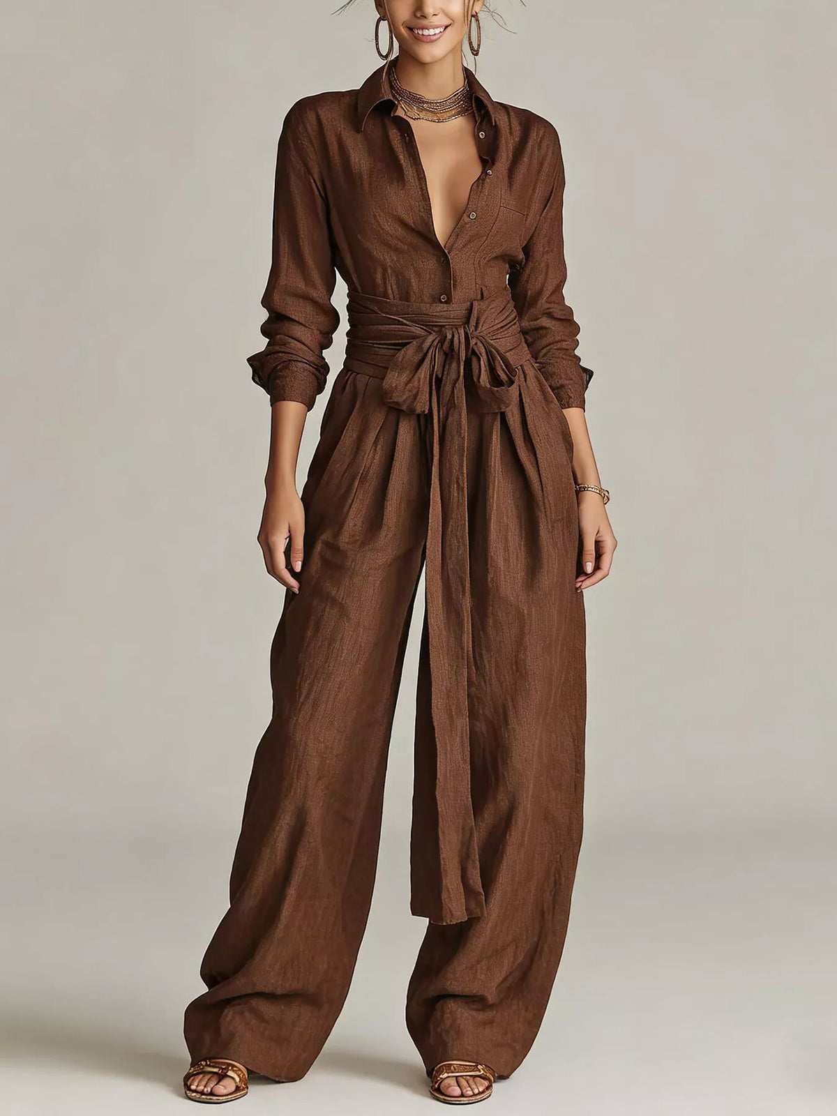 Hera Long-Sleeve Button-Down Waist-Tie Jumpsuit — view 1