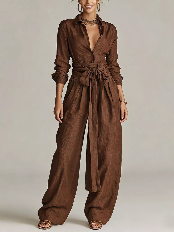 Hera Long-Sleeve Button-Down Waist-Tie Jumpsuit