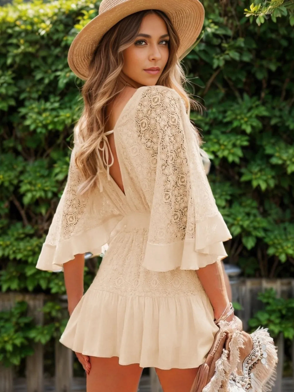 Selene Ruffle Hem Tie Back Lace Mini Dress — view 1