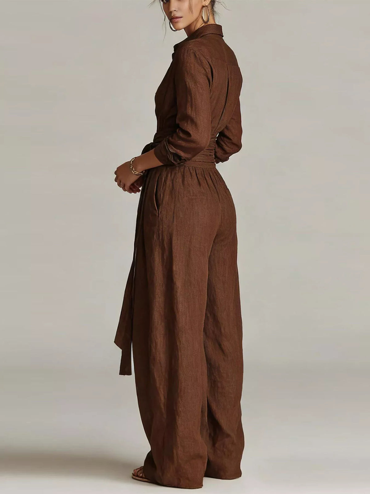 Hera Long-Sleeve Button-Down Waist-Tie Jumpsuit — view 5
