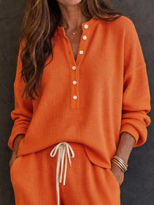 Selene Waffle Knit Henley Top and Wide Leg Pants Set — thumbnail 17