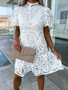 Selene Lace Mock Neck Puff Sleeve Dress — thumbnail 1